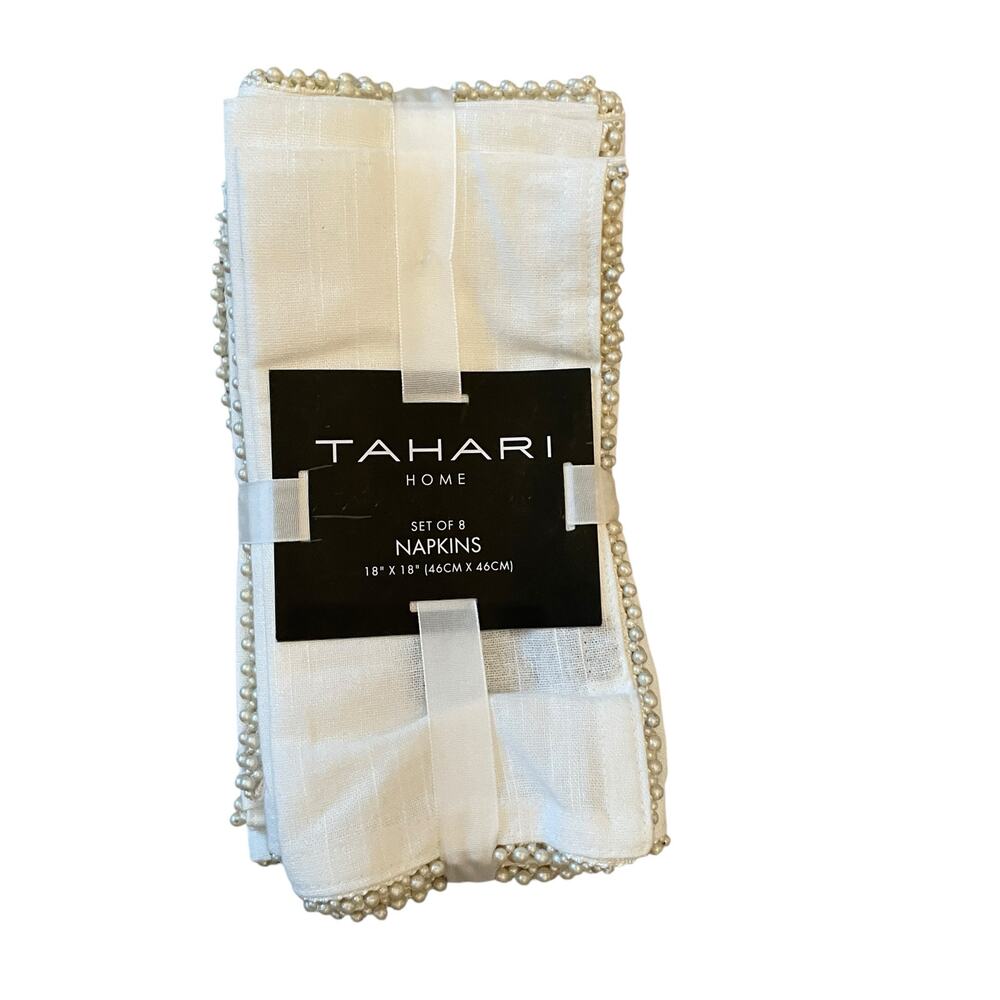 TAHARI White Cotton Dinner Napkins 18x18 Set of 8 Faux Pearl Trim Holiday Glam